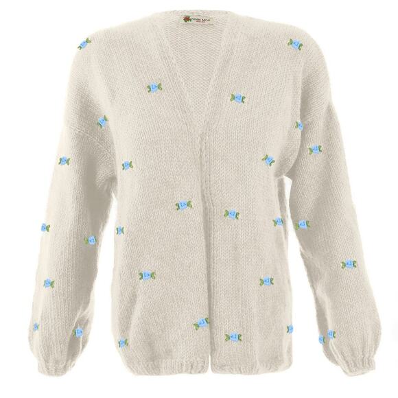 Fanm Mon Sweaters - Fanm Mon WINTER BLOOM BLUE ROSE Ivory Cream Wool Cardigan Size M/L